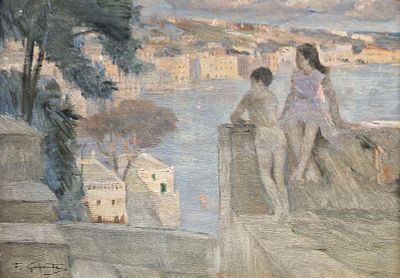 Galante Francesco (Margherita di Savoia, FG 1884 - Napoli 1972) - Da un terrazzo di Posillipo olio 