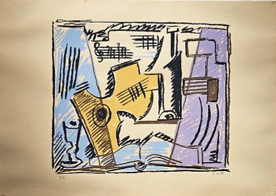 Notte Emilio(Ceglie Messapica, BR 1891 - Napoli 1982) - Chitarra serigrafia su carta applicata a 