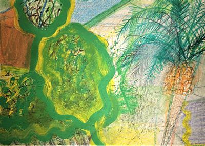 Spinosa Domenico (Napoli 1916 - 2007) - Paesaggio esotico 1977 tecnica mista su cartoncino firma e 