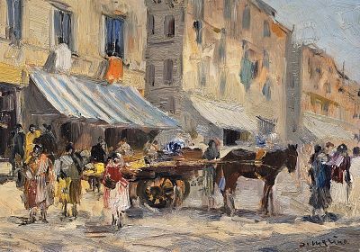 Di Marino Francesco (Napoli 1892 - 1954) - La carrozzella al mercato olio su tavola firma: in 