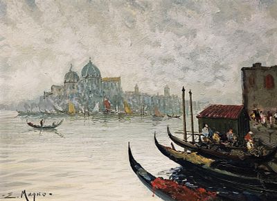 Magno Eugenio (Napoli 1944) - Controluce a Venezia olio su pannello firma: in basso a sinistra 