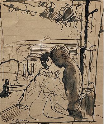 Villani Gennaro (Napoli 1885 - 1948) - Ricamatrici inchiostro su carta firma: in basso a sinistra 