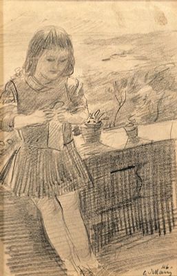 Villani Gennaro (Napoli 1885 - 1948) - Ena in terrazza 1946 matita su carta firma e data: in basso 