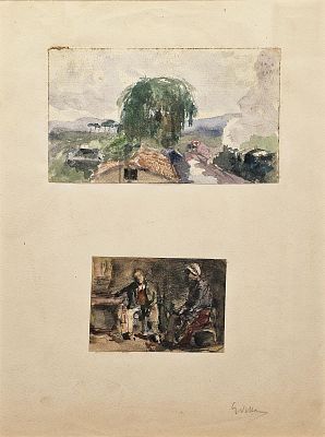 Villani Gennaro (Napoli 1885 - 1948) - Paesaggio / Figure in interno acquerello su carta firma: in 