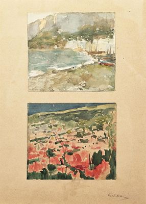 Villani Gennaro (Napoli 1885 - 1948) - Marina / Campo fiorito acquerello su carta firma: in basso 