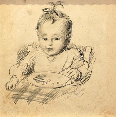 Villani Gennaro (Napoli 1885 - 1948) - Sul seggiolone matita su carta firma: opera non firmata 