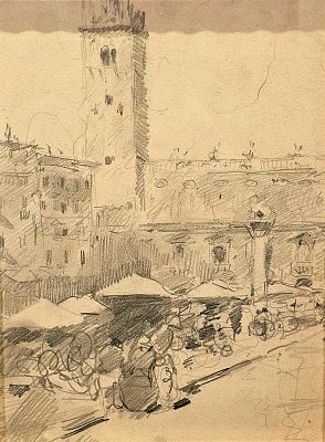 Villani Gennaro (Napoli 1885 - 1948) - Piazza delle Erbe a Verona matita su carta firma: opera non 
