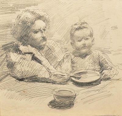 Villani Gennaro (Napoli 1885 - 1948) - L'ora della pappa matita su carta firma: opera non firmata 