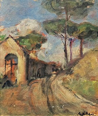 Villani Gennaro (Napoli 1885 - 1948) - Viottolo di campagna 1946 olio su cartone firma: in basso a 