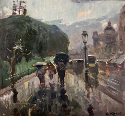 Villani Gennaro (Napoli 1885 - 1948) - Giorno di pioggia olio su cartone firma: in basso a destra 