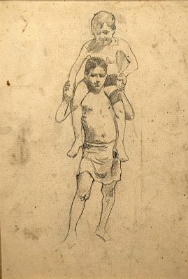 Villani Gennaro (Napoli 1885 - 1948) - Studio per 'Bambini in riva al fiume' matita su carta 