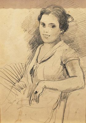 Villani Gennaro (Napoli 1885 - 1948) - Donna con ventaglio matita su carta firma: opera non 