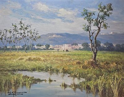 Buono Leon Giuseppe (Pozzuoli,NA 1887- 1975) - Mattino olio su masoniste firma: in basso a 