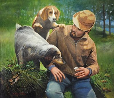 Sole Antonio (Pago del Vallo di Lauro, AV 1933 - Nola, NA 2020) - Cani da tartufo olio su tela 