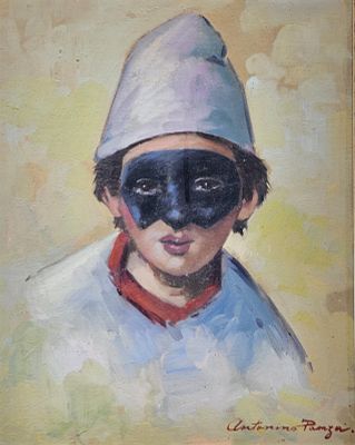 Panza Antonino (Napoli 1942 - 2022) - Il figlio di Pulcinella olio su tavola firma: in basso a 