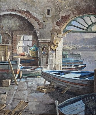 Esposito Giuseppe (Napoli 1948) - Cantiere navale 2026 olio su cartone telato firma e data: in 