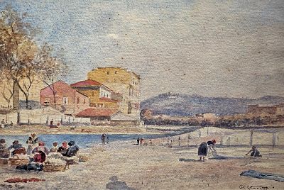 Vianelli Alberto (Cava dei Tirreni, SA 1841 - Benevento 1927) - Lungo il fiume acquerello su carta 