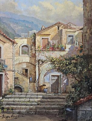 Esposito Giuseppe (Napoli 1948) - Caserta vecchia 2025 olio su masonite firma e data: in basso a 