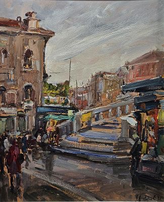 Di Napoli Edmondo (Napoli 1938 - 2016) - Grigio a Venezia 1971 olio su maosniste firma e data: in 