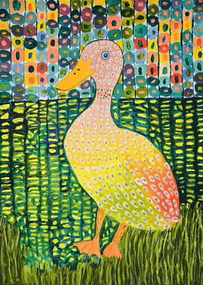 Нина Тимошенко - Селезень в стиле Фриденсрайха Хундертвассера. Акрил, художественная бумага 