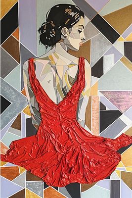 Яна Жогова - Девушка в красном. Кубистическая грация. Холст на подрамнике, акрил, текстурная паста 