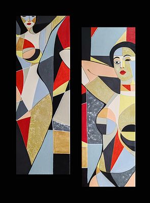 Яна Жогова - Диптих "Геометрический Дуэт " №1,№2. Холсты на подрамнике 30х90, акрил, текстурная 