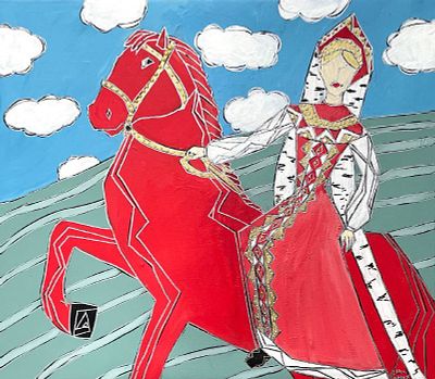 Лена Лангер - Традиции на скаку
. Холст, акрил, маркеры 
Работа — ироничный оммаж картине "Купание 