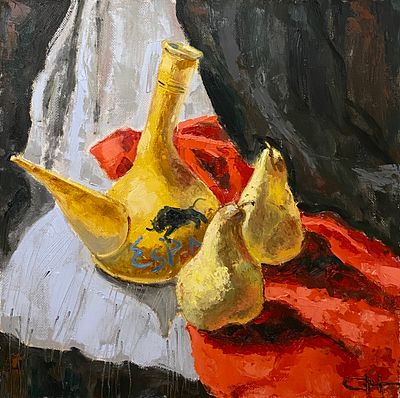 Олеся Новикова - Груши на красном. . Холст, масло 40х40. Оформлена в раму. Почувствуйте солнце в 