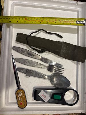 camping army style cutlery set with case, letter opener and magnify glass