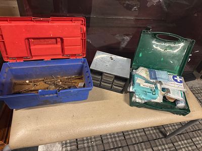 small toolbox and contents, small screw tidy and medical first aid kit