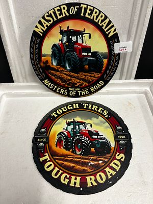 2 tin round signs 8x8 inches