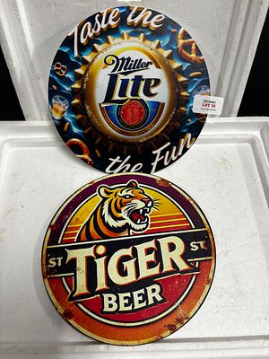 2 round tin signs 8x8 inches