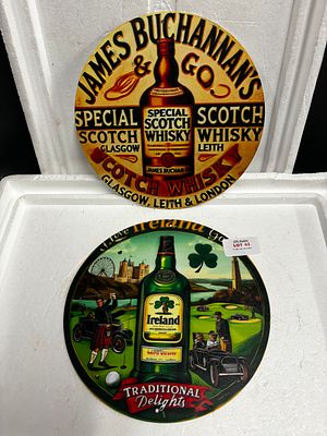 2 tin round signs 8x8 inches