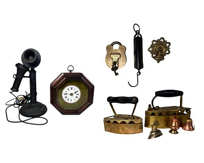 Antique Candlestick Telephone, Brass Sad Irons, Pa. Collection of antique and vintage household 