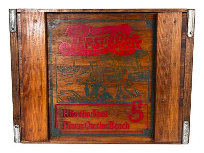 1940s-1950s 5c Pepsi-Cola Wooden Advertising Crate. Vintage Pepsi-Cola wooden advertising crate 