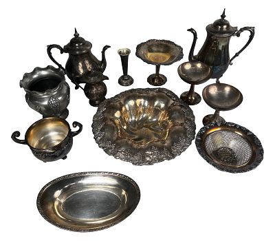 Antique Silverplate Hollowware & Serving Pieces. Collection of antique silverplate hollowware 