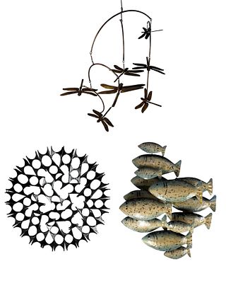 Metal Wall Sculptures - Dragonfly Mobile, Fish. Group of three decorative metal wall sculptures 