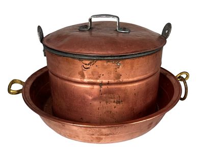 Antique Copper Preserving Pot & Perforated Basin. Large antique hammered copper preserving pot 