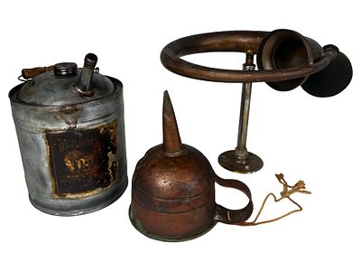 Antique Brass Car Horn, Fuel Can & Copper Funnel. Collection of three antique automotive and 
