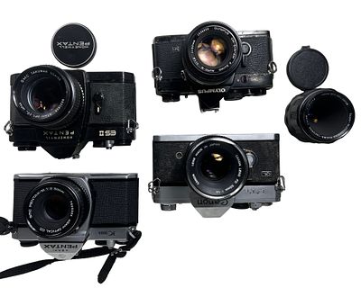 Canon, Olympus & Pentax 35mm SLR Cameras w/ Lenses. Vintage 35mm SLR cameras including a Canon 