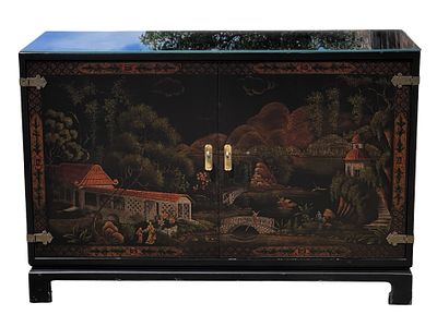 John Widdicomb Chinoiserie Decorated Cabinet. John Widdicomb cabinet featuring an elegant black 