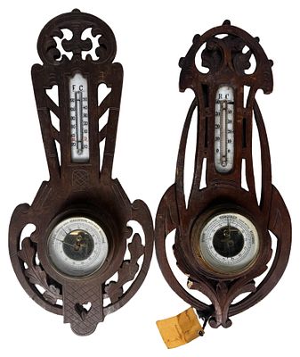 Antique German Carved Wood Wall Barometers, c1900. Pair of antique German carved wood 