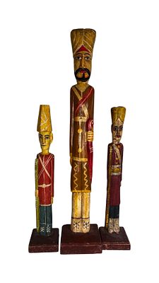 Rajasthani Wood Royal Guard & Watchman Statues. Three hand carved and hand painted wooden 