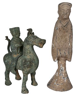 Chinese Han Dynasty Bronze Equestrian Horseman & L. Two antique Chinese figures including a 