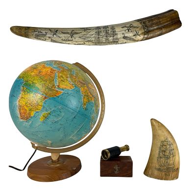 Traveler's Collection - Scrimshaw Tusk, Globe & Sp. Traveler's collection featuring a large faux 