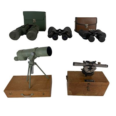Vintage Spotting Scope,Transit Level & Binoculars. Vintage optical and surveying equipment 