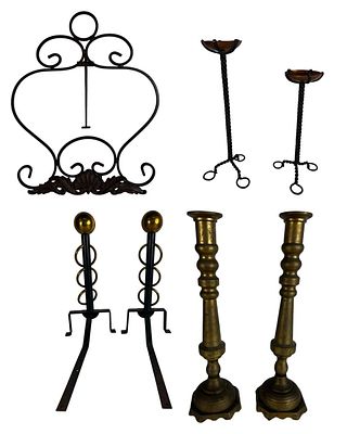 Altar Brass Candlesticks, Andirons, Wrought Iron E. Decorative assortment of metal fireplace and 