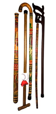 Vintage Folk Art Carved & Painted Walking Sticks. Group of vintage carved and painted wood 