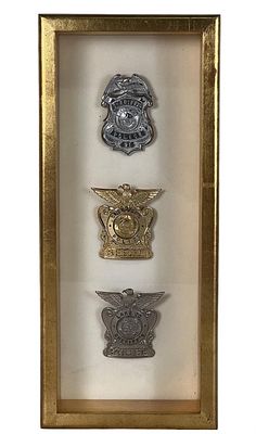 Lot of Indiana Obsolete Sheriff's Police Badges. Framed display featuring three obsolete Lake 