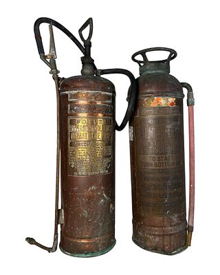 Antique Copper Fire Extinguishers - Palmer House. Pair of antique circa 1920s-1930s copper fire 